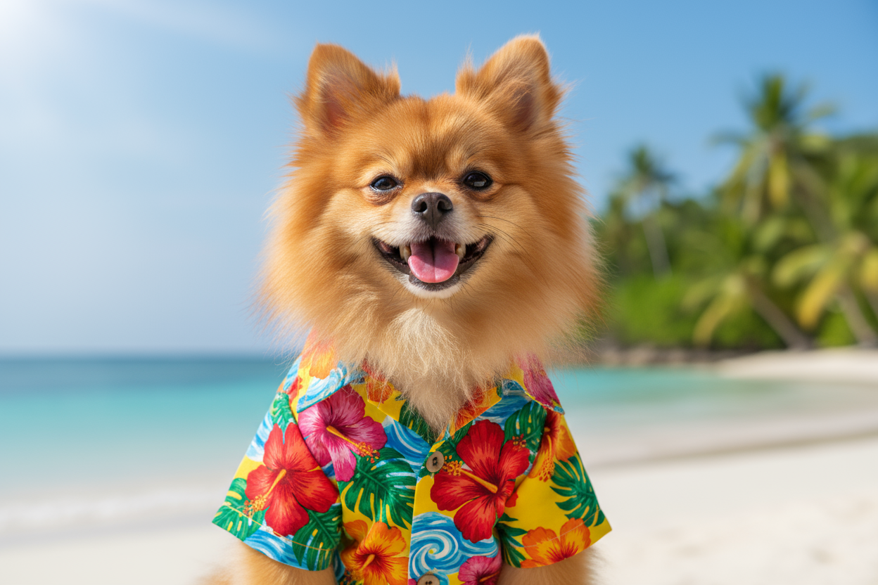 SMALL DOG IN A HAWAIAN TSHIRT